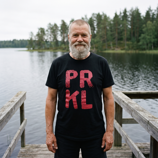 PRKL Finnish language t-shirt in black, worn by a grey-bearded man on a lakeside sauna deck, Very Finnish Problems
