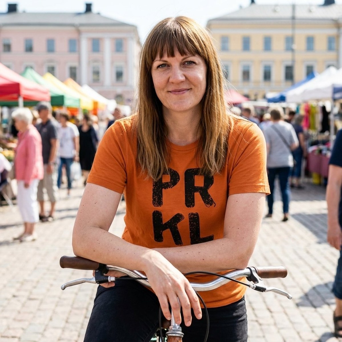 PRKL Finnish language t-shirt in burnt orange, worn with a bicycle on a market square, Very Finnish Problems