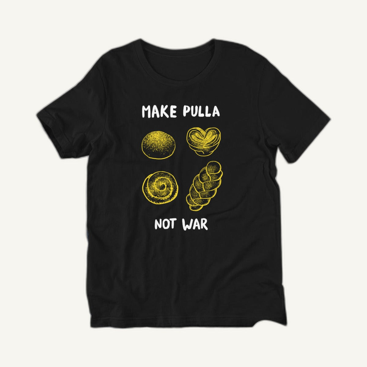 Make Pulla Not War t-shirt in black, clean front view of the print, Very Finnish Problems