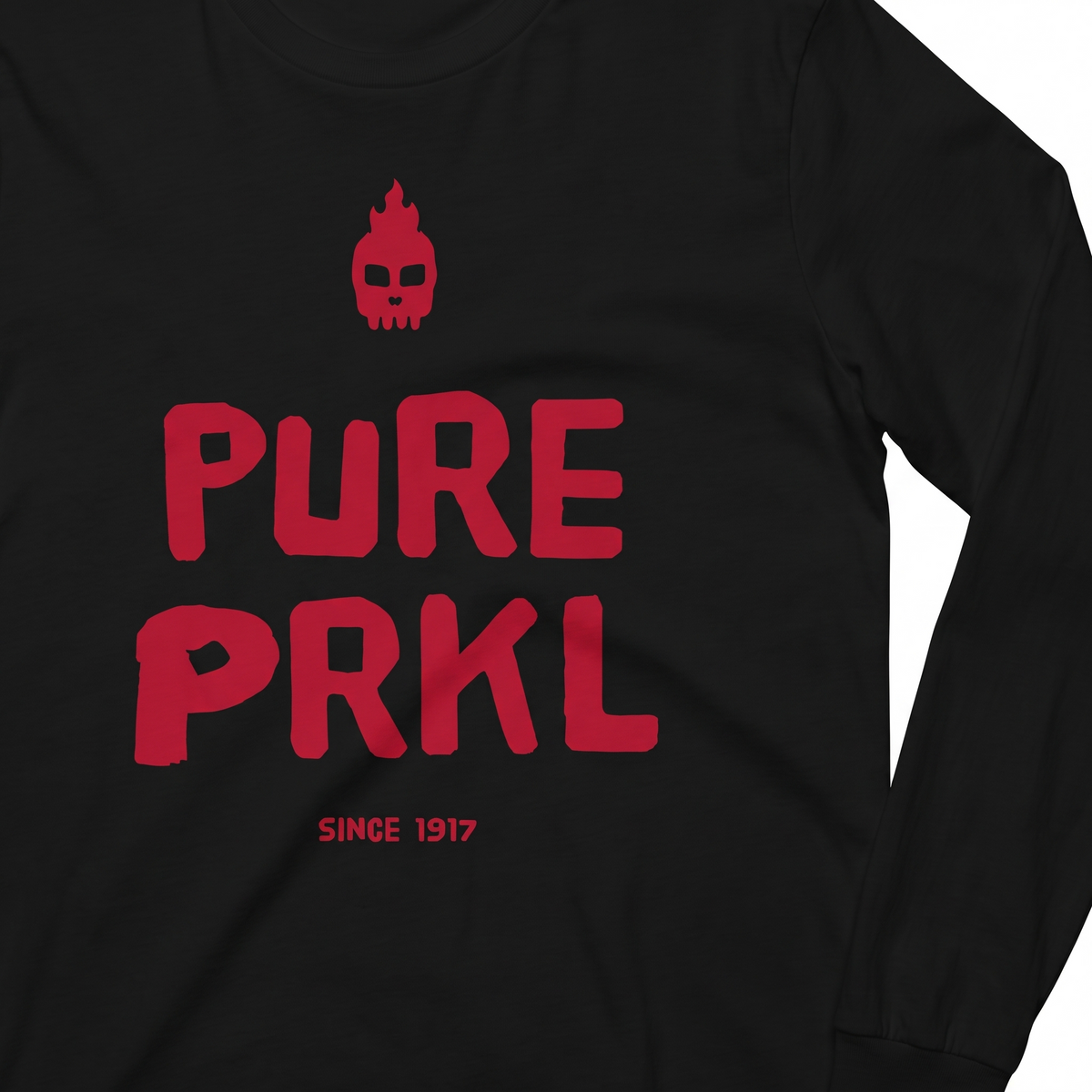 Close-up of the Pure PRKL print on black long sleeve fabric, Very Finnish Problems