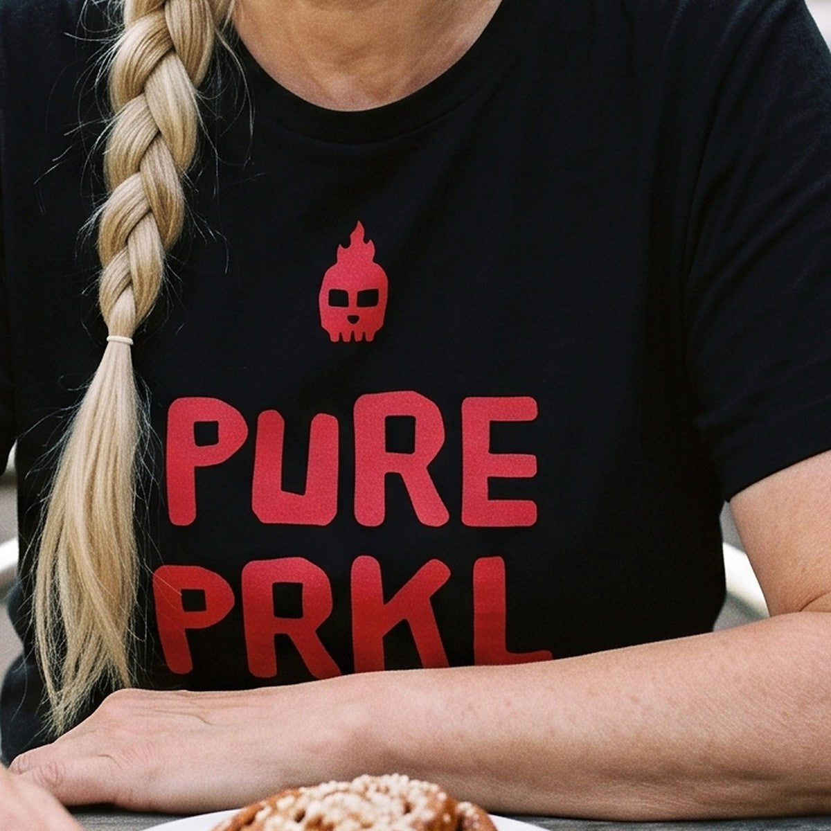 Close-up of the print on the black Pure PRKL organic t-shirt, Very Finnish Problems