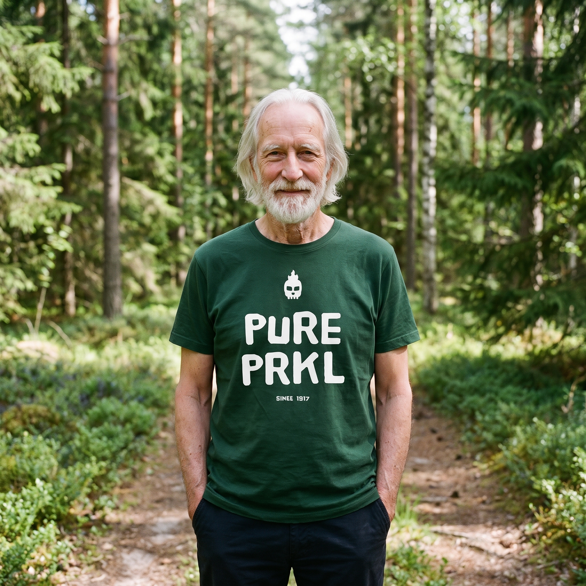 Pure PRKL Finnish language t-shirt in forest green, worn by Pertti in a spruce wood, Very Finnish Problems