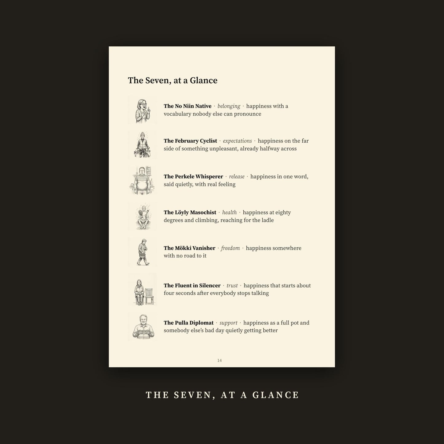 The Seven, at a Glance page listing all seven Finnish happiness types