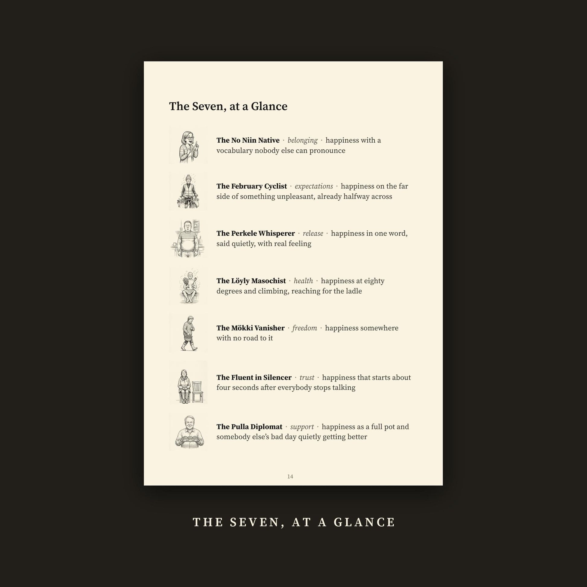 The Seven, at a Glance page listing all seven Finnish happiness types