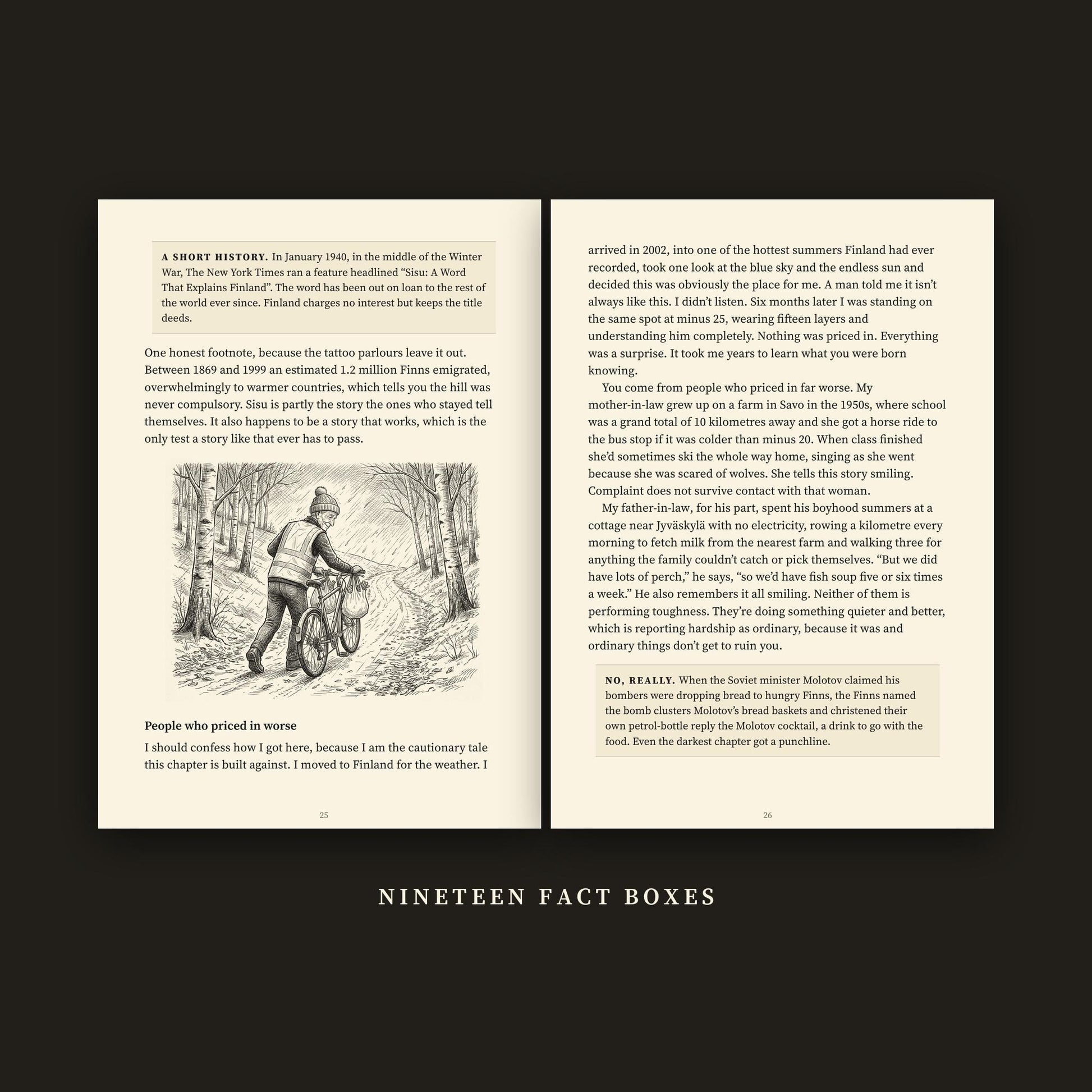 Inside spread showing the fact boxes, nineteen across the book