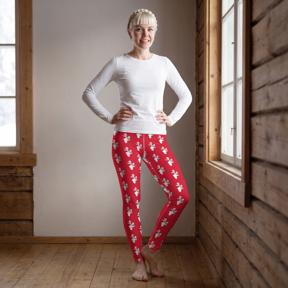 Reindeer Finnish nature yoga leggings, worn by Venla in a wooden room in winter light, Very Finnish Problems