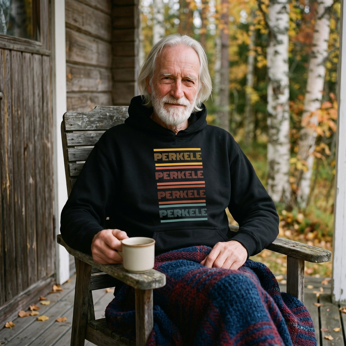 Retro Perkele hoodie in black, worn by Pertti in a porch armchair, Very Finnish Problems