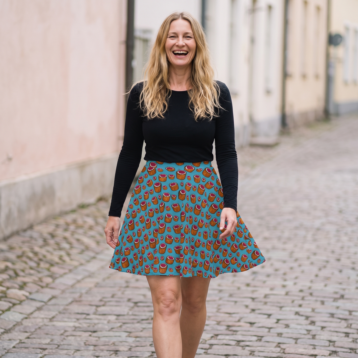 Runeberg torte Finnish winter skater skirt, worn by Elina walking a cobbled street, Very Finnish Problems