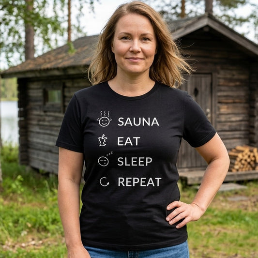 Woman at a lakeside Finnish sauna cabin wearing the black Sauna Eat Sleep Repeat t-shirt, Very Finnish Problems