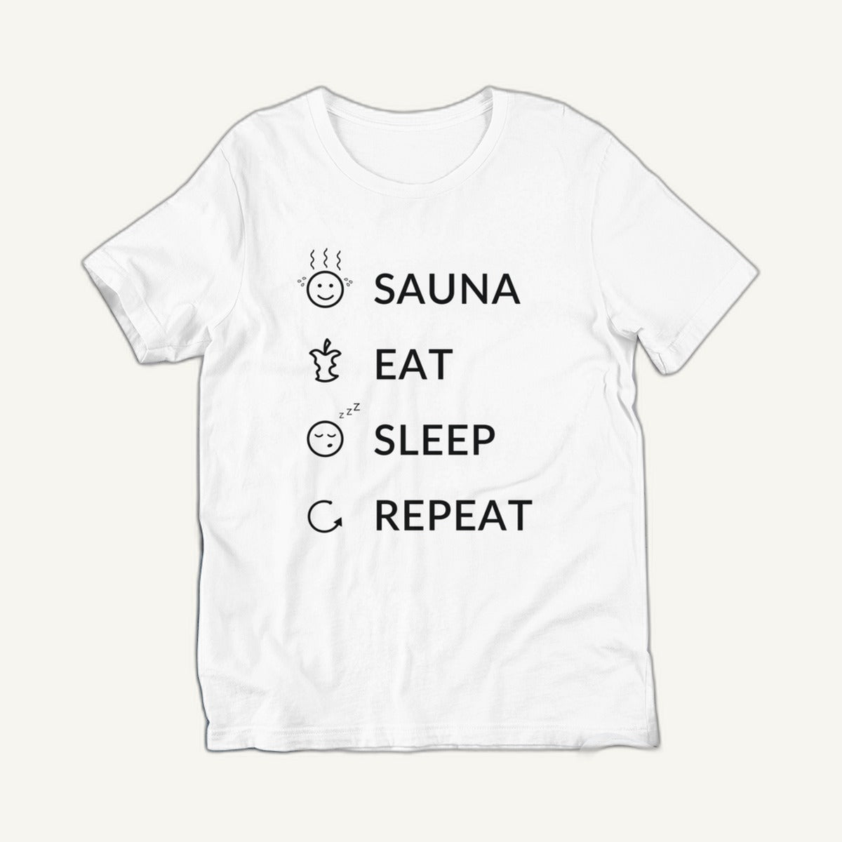 Sauna Eat Sleep Repeat t-shirt in white, clean front view, Very Finnish Problems