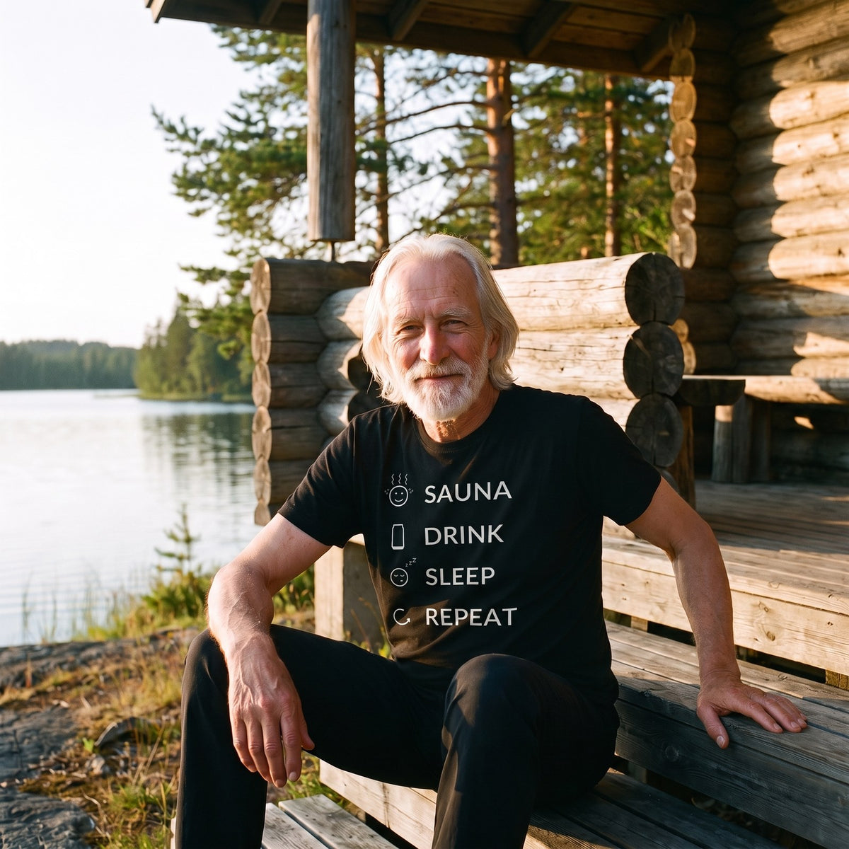 Sauna Drink Sleep Repeat t-shirt in black, worn by Pertti on the steps of a lakeside log cabin, Very Finnish Problems