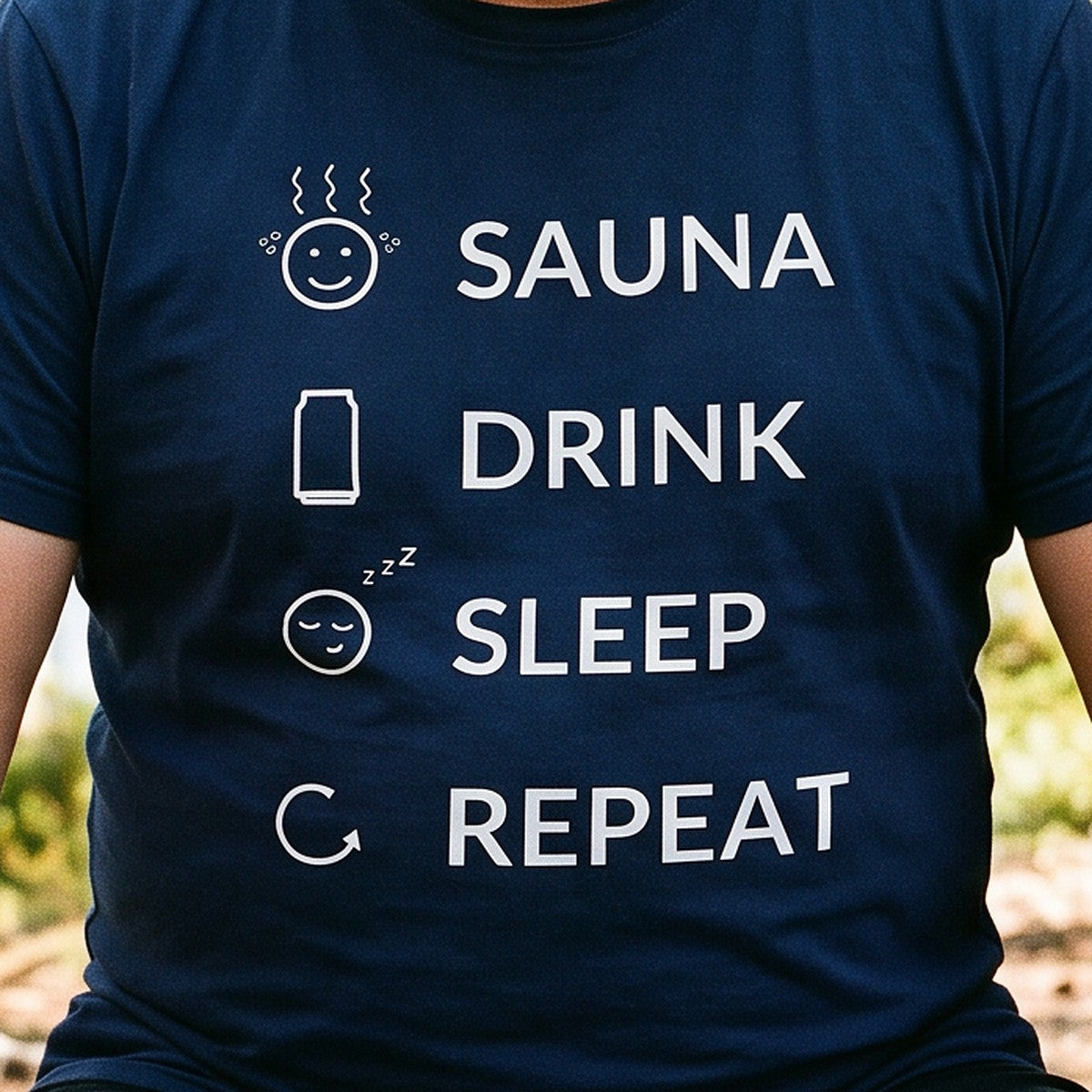 Close-up of the print on the navy Sauna Drink Sleep Repeat t-shirt, Very Finnish Problems