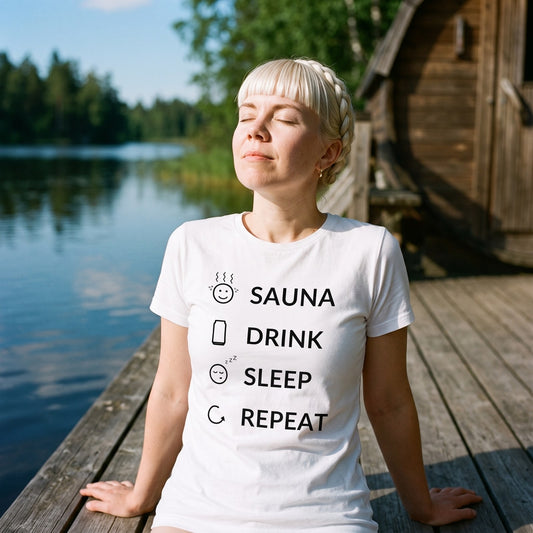 Sauna Drink Sleep Repeat t-shirt in white, worn by Venla in the sun on a lakeside sauna terrace, Very Finnish Problems