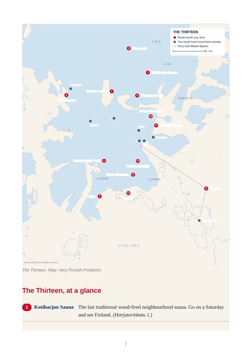 The Thirteen at a glance — map and directory spread