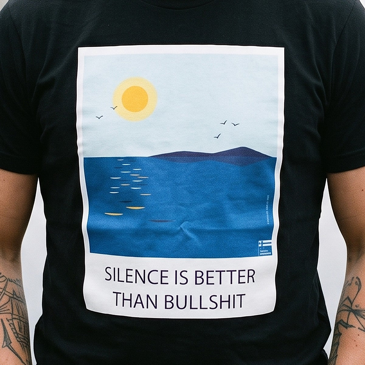 Close-up of the Silence Is Better Than Bullshit print on black t-shirt fabric, Very Finnish Problems