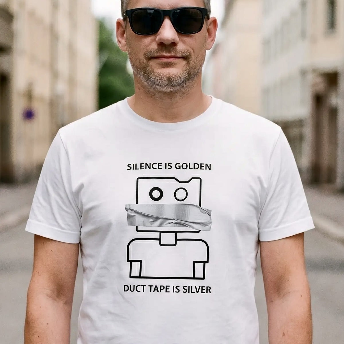 Man in a white Silence is Golden Duct Tape is Silver Finnish t-shirt with sunglasses on a Helsinki street