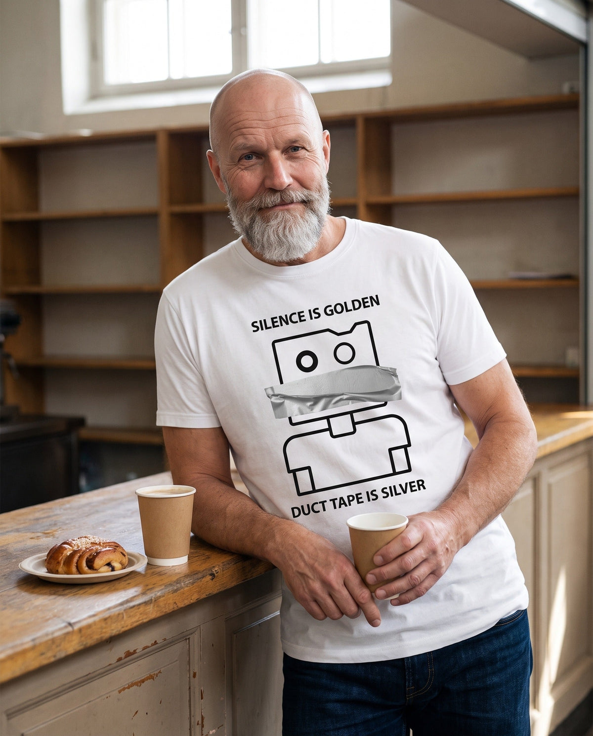 Silence is Golden Duct Tape is Silver t-shirt in white, worn by Mikko leaning on a Helsinki market hall coffee counter, Very Finnish Problems