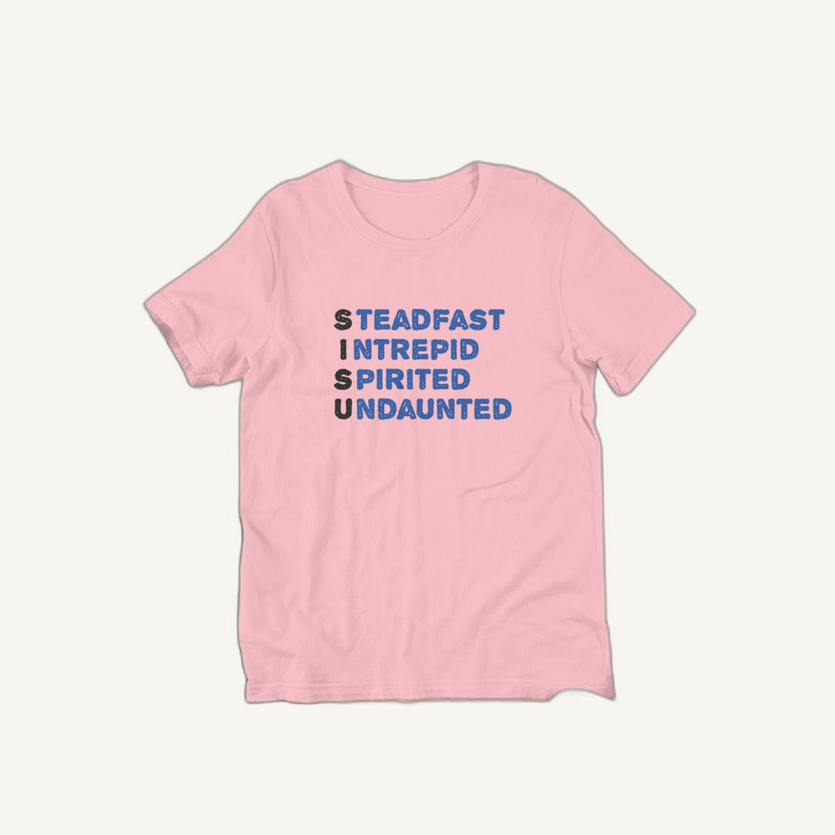 Pink Sisu Finnish Culture t-shirt flat lay, Very Finnish Problems