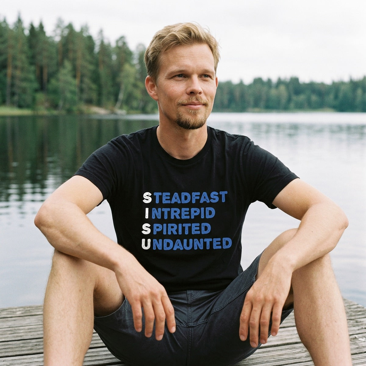 Man on jetty wearing black Sisu Finnish Culture t-shirt, Very Finnish Problems