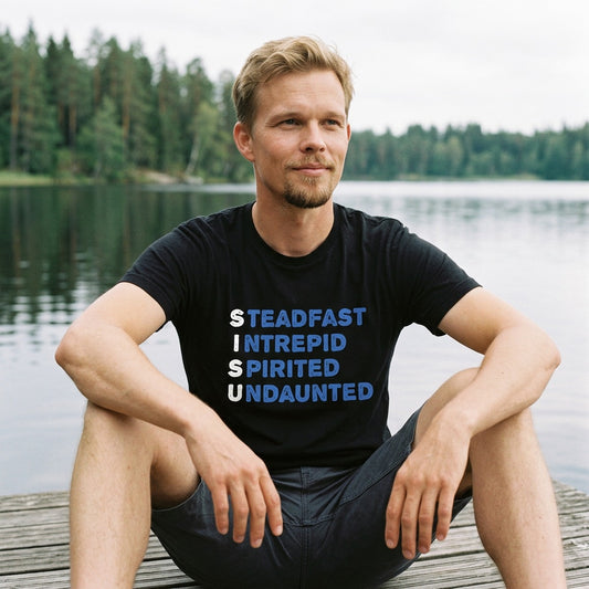 Man on jetty wearing black Sisu Finnish Culture t-shirt, Very Finnish Problems