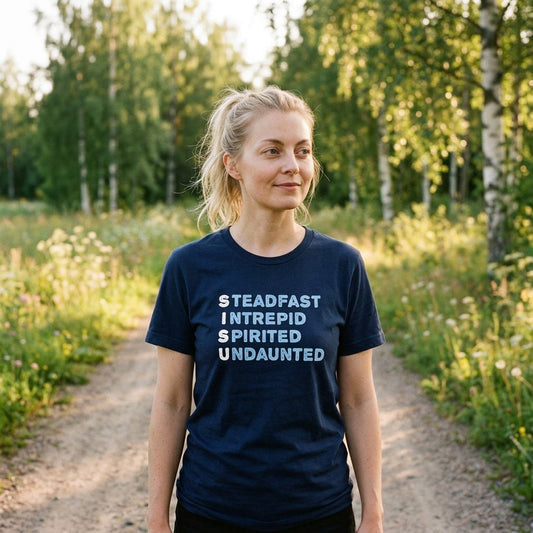 Woman in Finnish countryside wearing navy Sisu Finnish Culture t-shirt, Very Finnish Problems