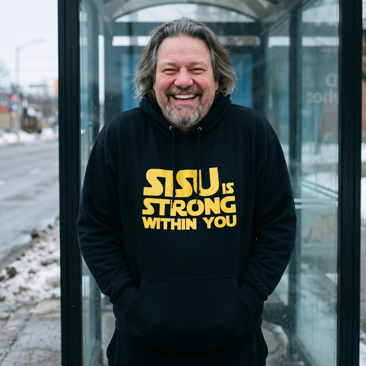 Sisu is strong within you Finnish culture hoodie in black, worn by Jojelli at a winter bus shelter, Very Finnish Problems