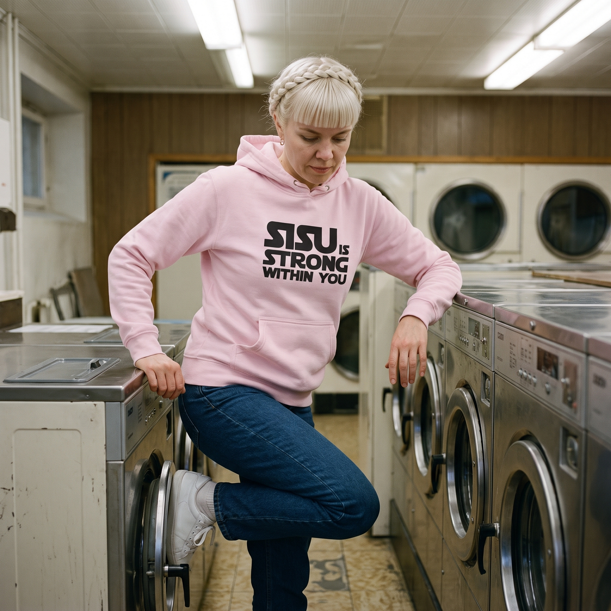 Sisu is strong within you Finnish culture hoodie in light pink, worn by Venla in a launderette, Very Finnish Problems