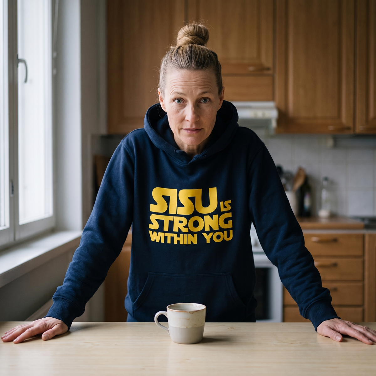 Sisu is strong within you Finnish culture hoodie in navy, worn by Elina at a kitchen table, Very Finnish Problems