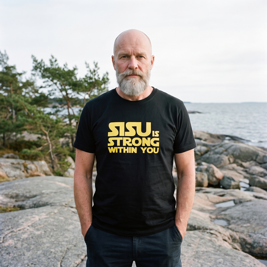 Sisu is Strong organic cotton t-shirt in black, worn by a man on a granite Baltic shore, Very Finnish Problems
