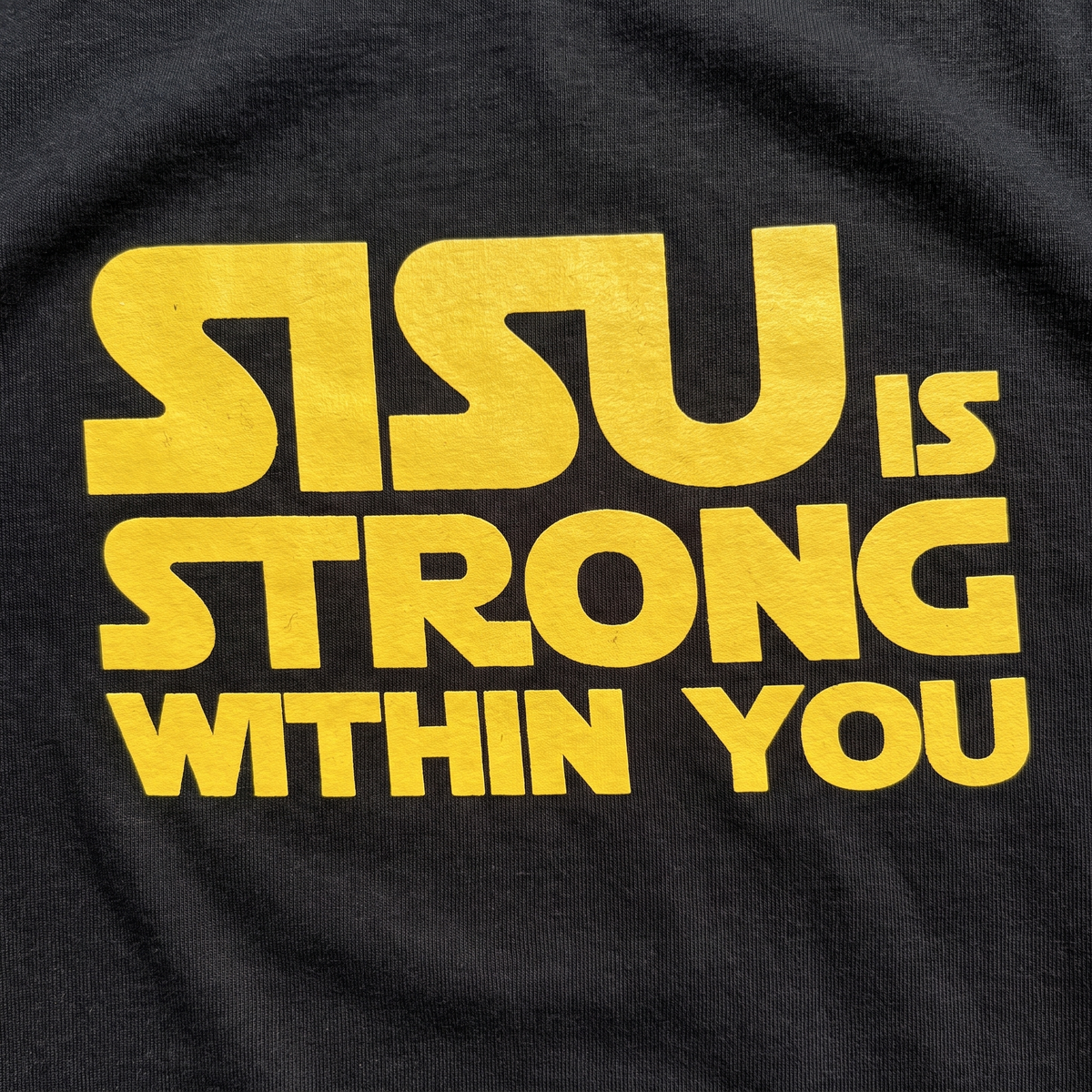 Close-up of the Sisu is strong within you print on black fabric, Very Finnish Problems