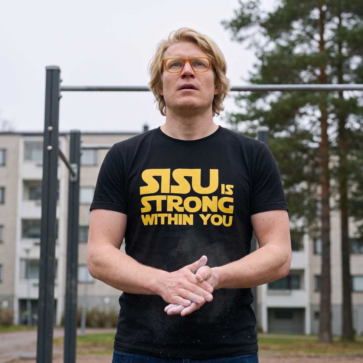 Sisu is strong within you Finnish culture t-shirt in black, worn by Tuomas at outdoor pull-up bars, Very Finnish Problems