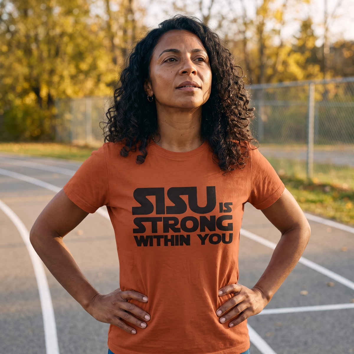 Sisu is strong within you Finnish culture t-shirt in burnt orange, worn by Nea on an autumn running track, Very Finnish Problems