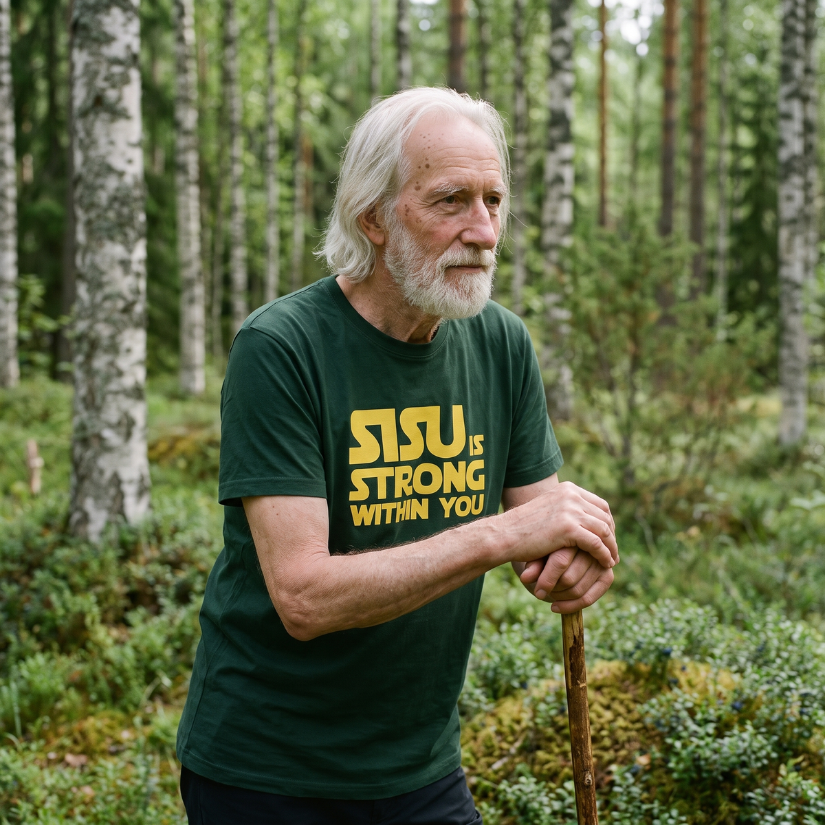 Sisu is strong within you Finnish culture t-shirt in forest green, worn by Pertti in birch woodland, Very Finnish Problems