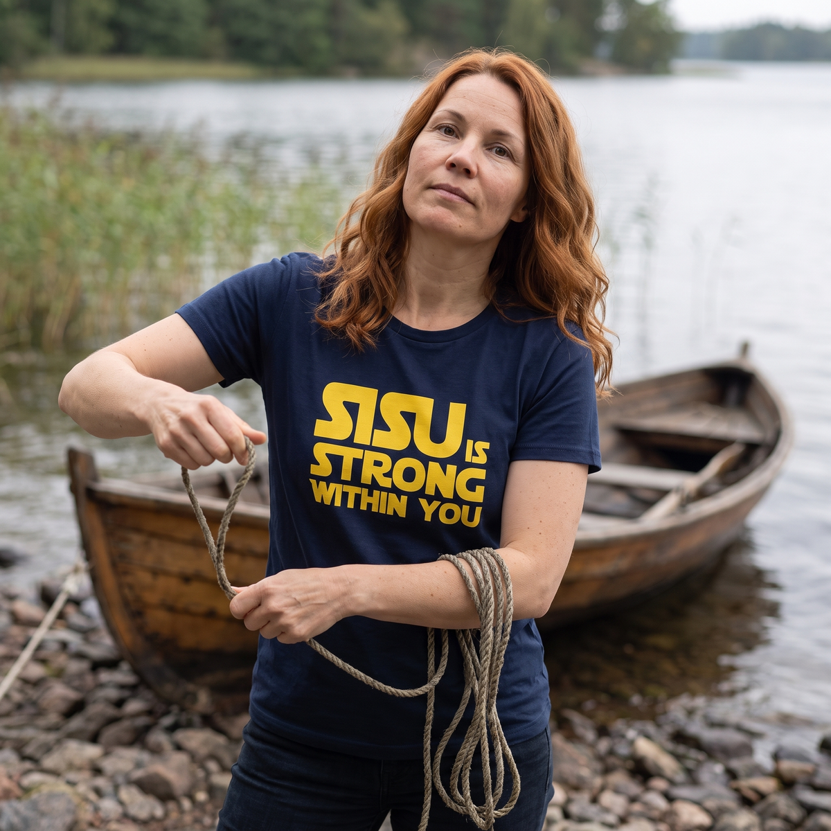 Sisu is strong within you Finnish culture t-shirt in navy, worn by Sanna coiling a rope on a lake shore, Very Finnish Problems