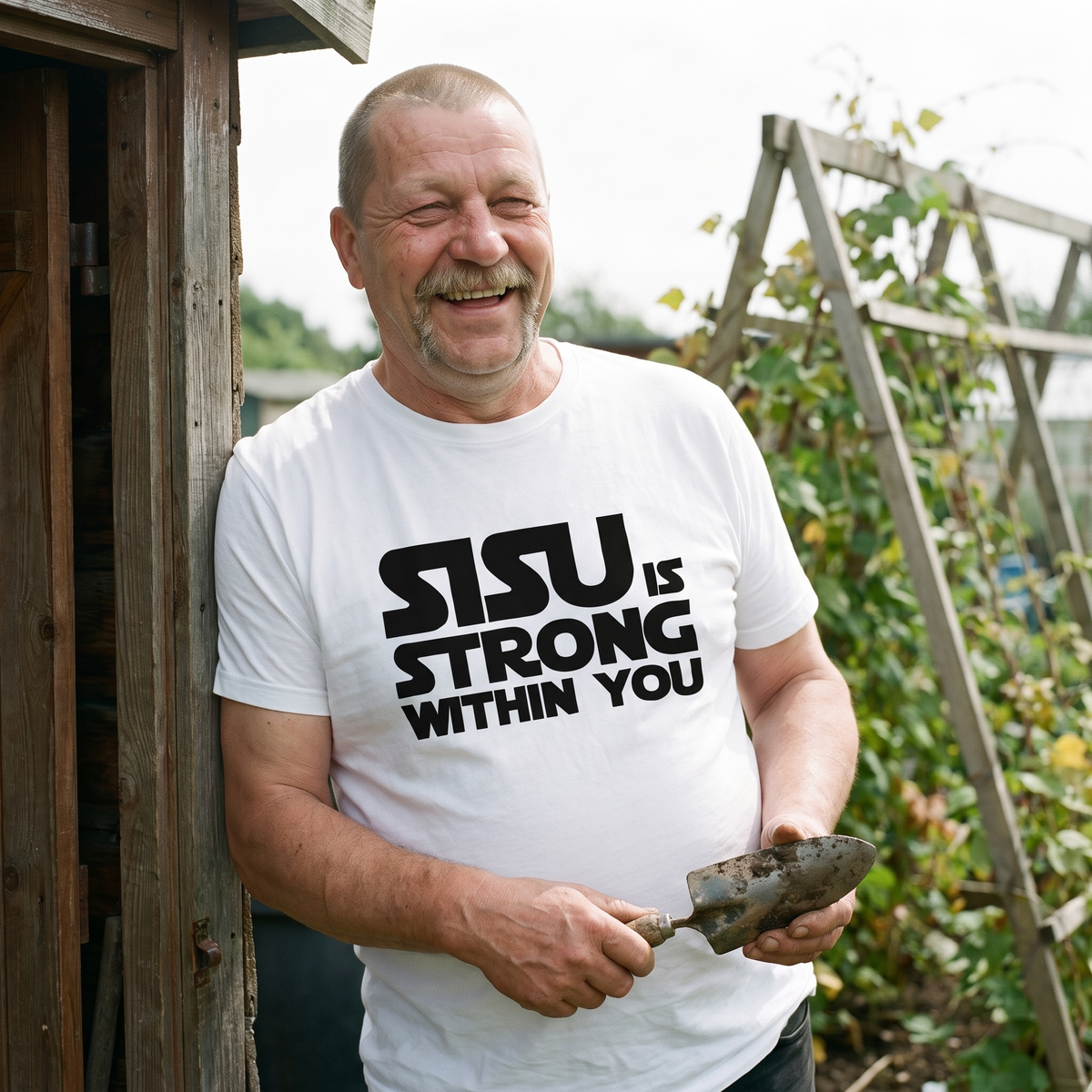 Sisu is strong within you Finnish culture t-shirt in white, worn by Juha laughing at an allotment shed, Very Finnish Problems