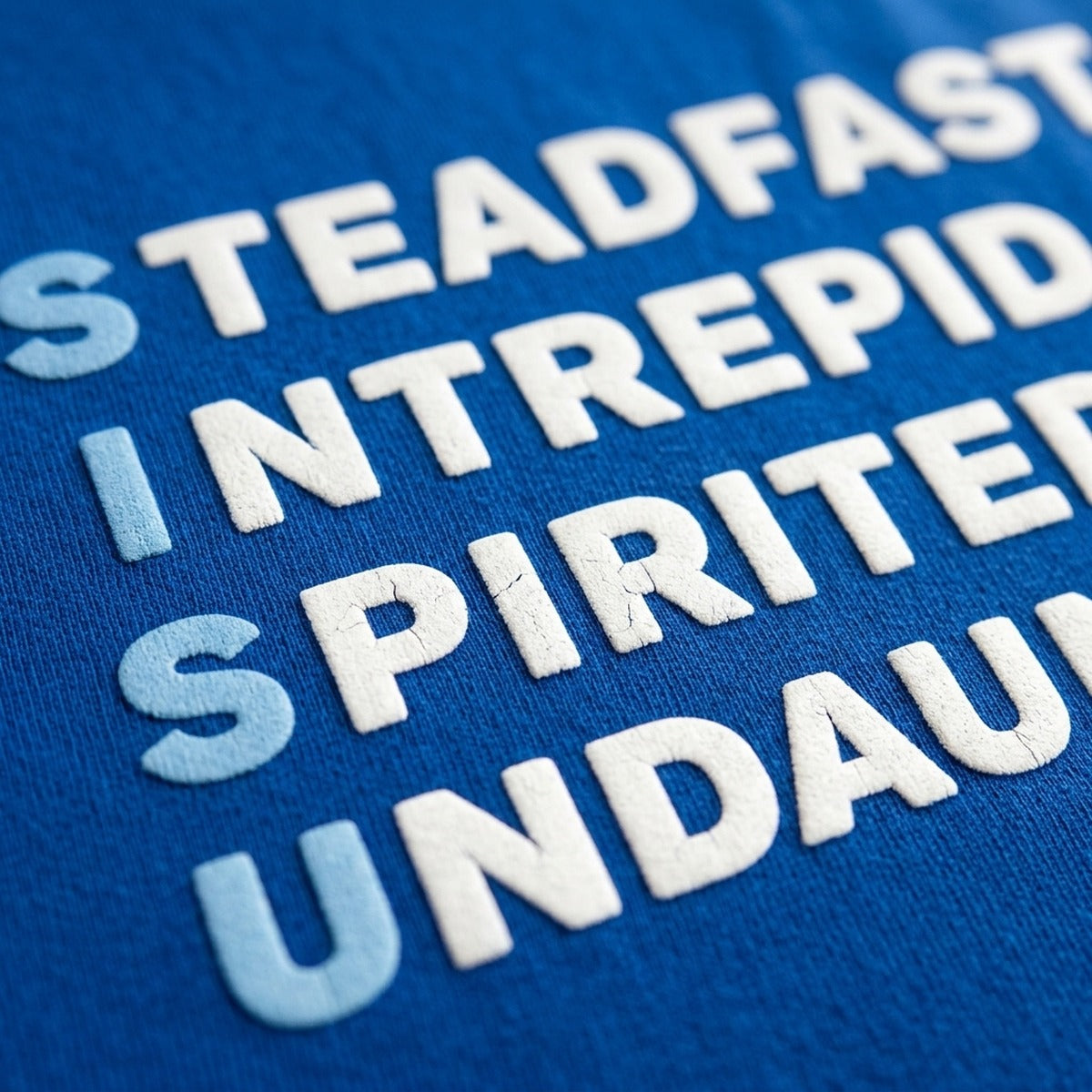 Close-up macro of royal blue Sisu Finnish Culture print, Very Finnish Problems