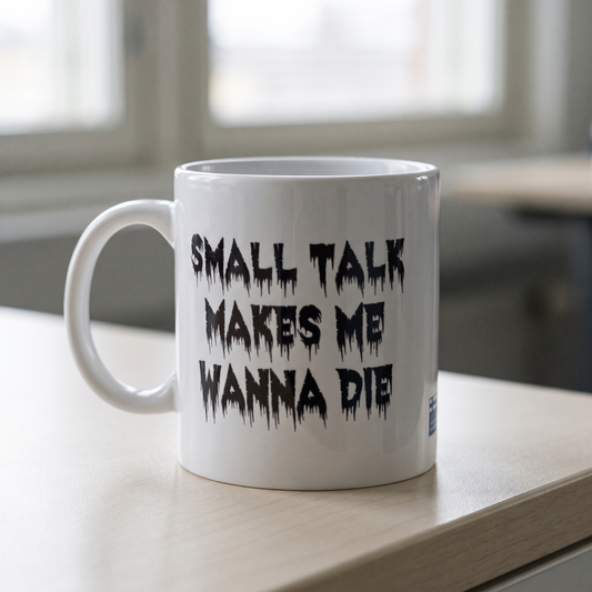 Small Talk mug in white, on an office kitchenette counter, Very Finnish Problems