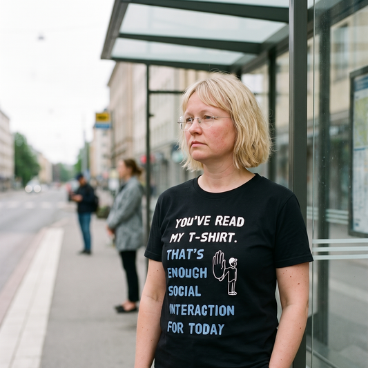 Social Interaction t-shirt in black, worn by Marika waiting at a Helsinki bus stop, Very Finnish Problems
