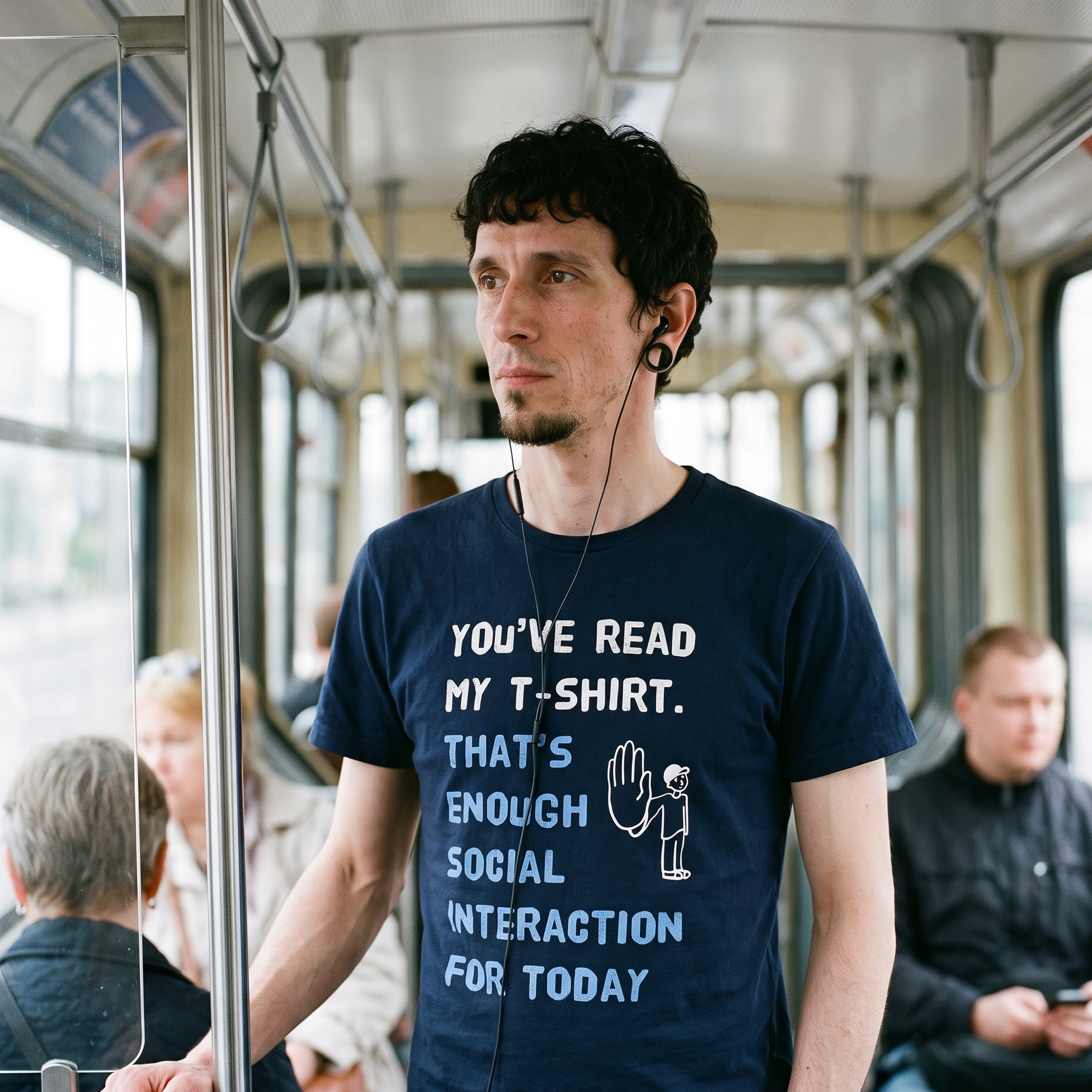 Social Interaction t-shirt in navy, worn by Tuomas on a Helsinki tram with headphones in, Very Finnish Problems