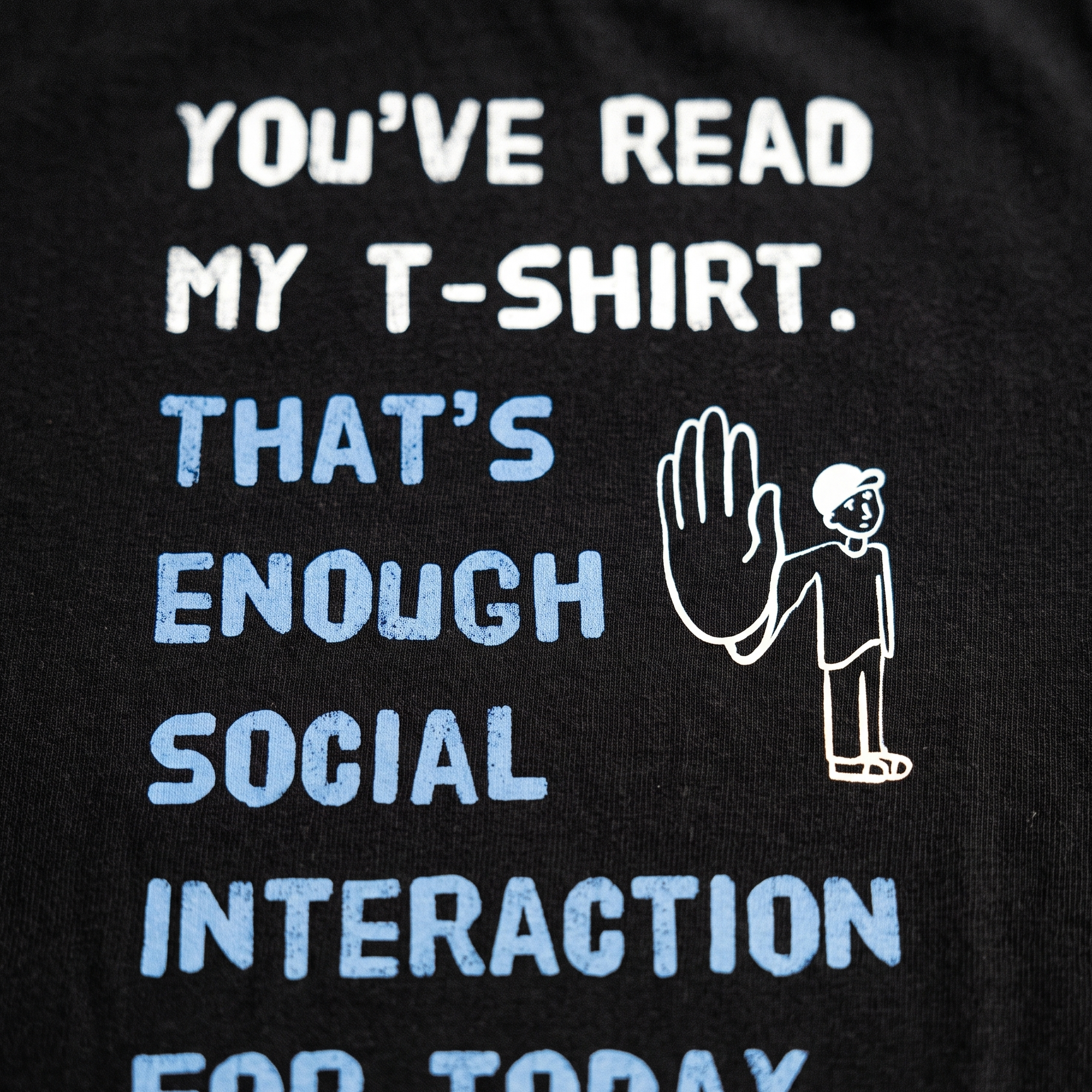 Social Interaction print close up on black cotton, Very Finnish Problems