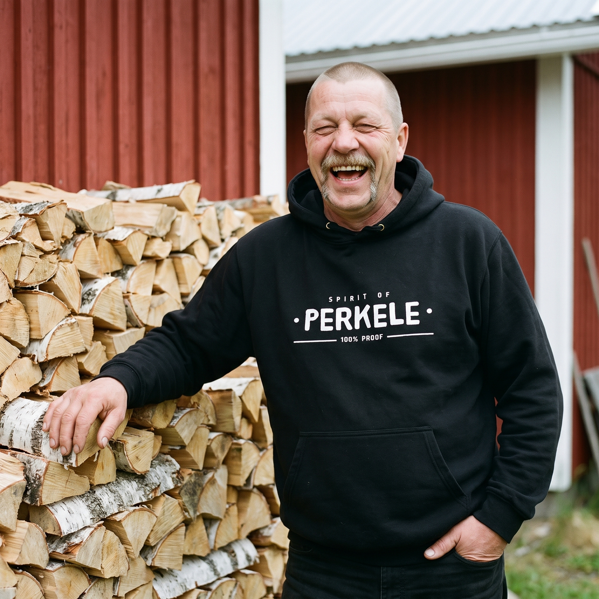 Spirit of Perkele hoodie in black, worn by Juha beside a stacked woodpile, Very Finnish Problems