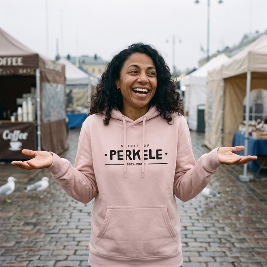 Spirit of Perkele hoodie in light pink, worn by Nea on a harbour market square, Very Finnish Problems