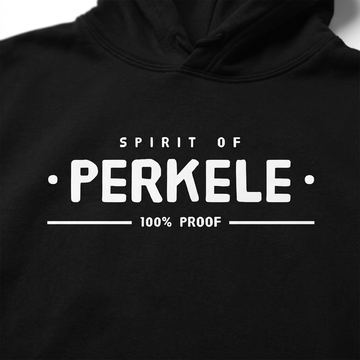 Close-up of the Spirit of Perkele 100% proof print on black hoodie fabric, Very Finnish Problems