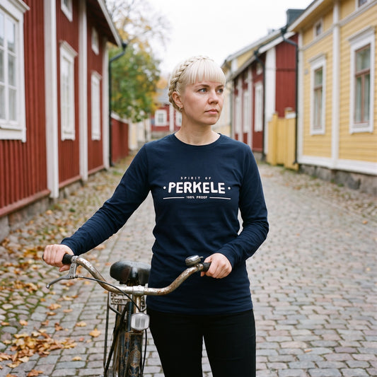 Spirit of Perkele long sleeve tee in navy, worn by Venla with a bicycle in Porvoo old town, Very Finnish Problems