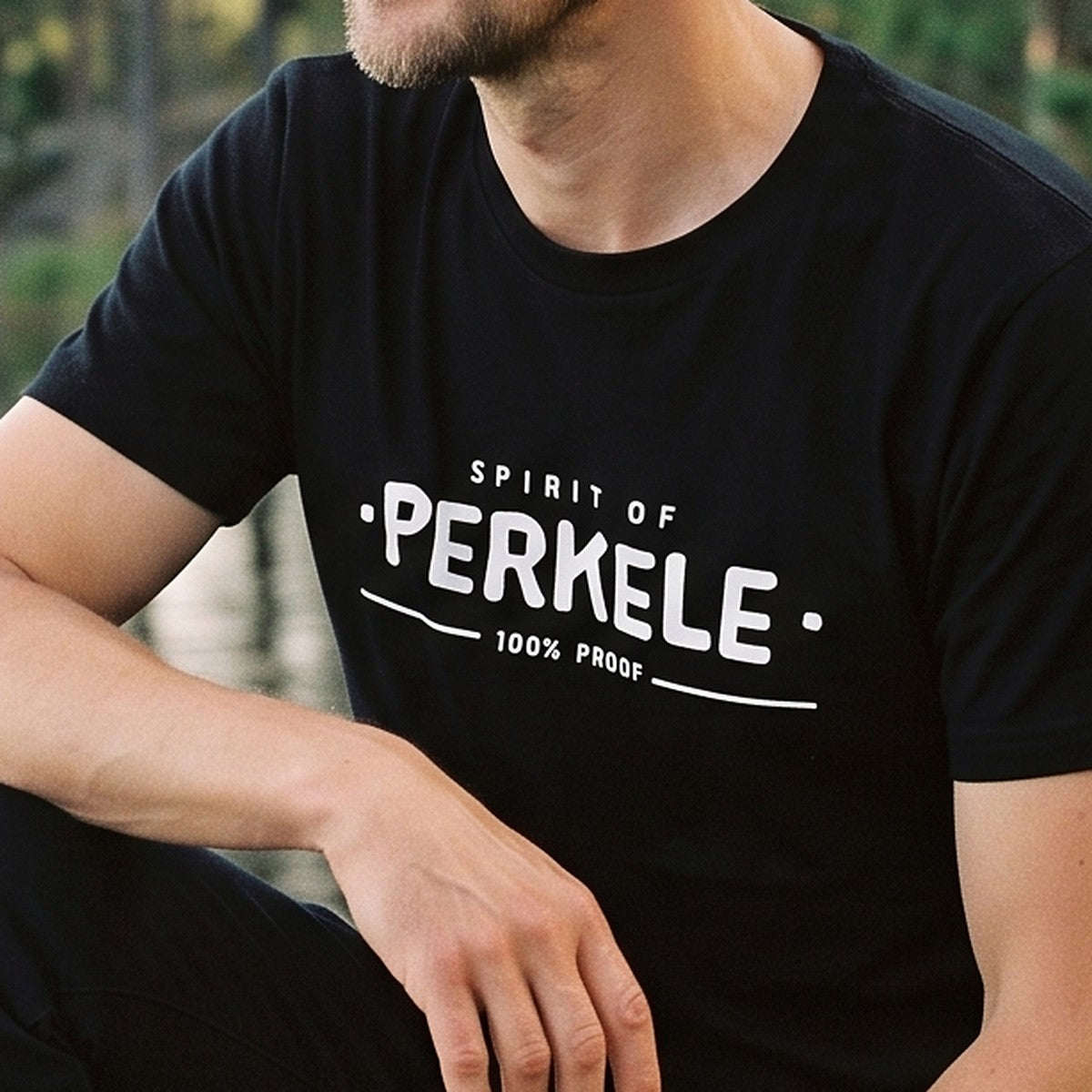 Close-up of the print on the black Spirit of Perkele organic t-shirt, Very Finnish Problems