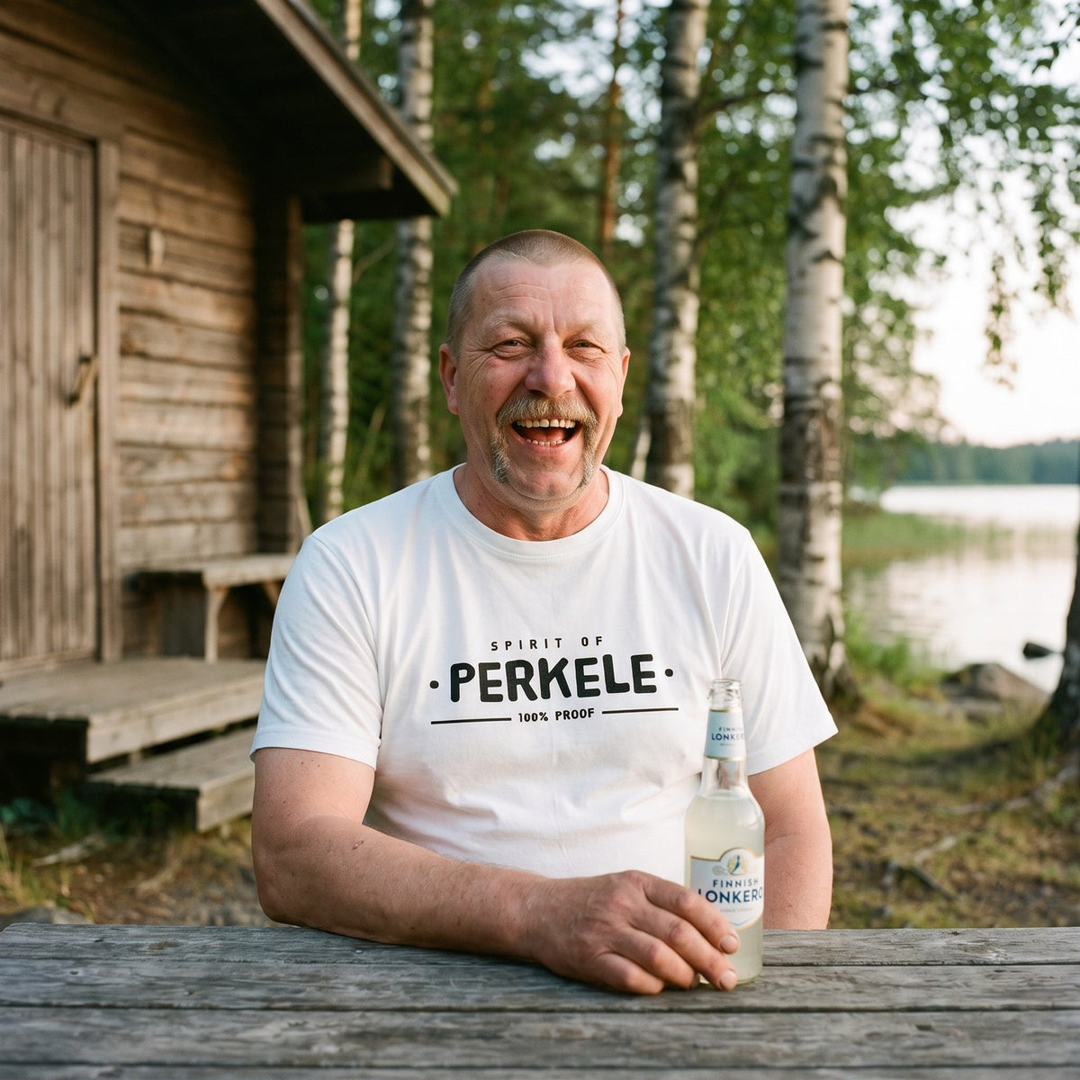 Spirit of Perkele organic t-shirt in white, worn by Juha at a lakeside sauna table, Very Finnish Problems