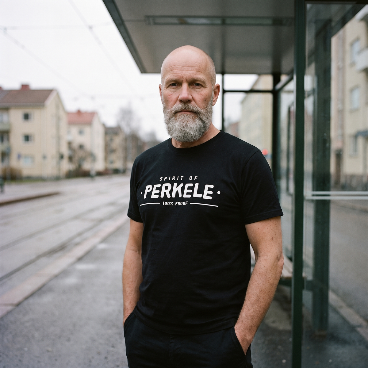 Spirit of Perkele t-shirt in black, worn by a man at a Helsinki tram stop, Very Finnish Problems