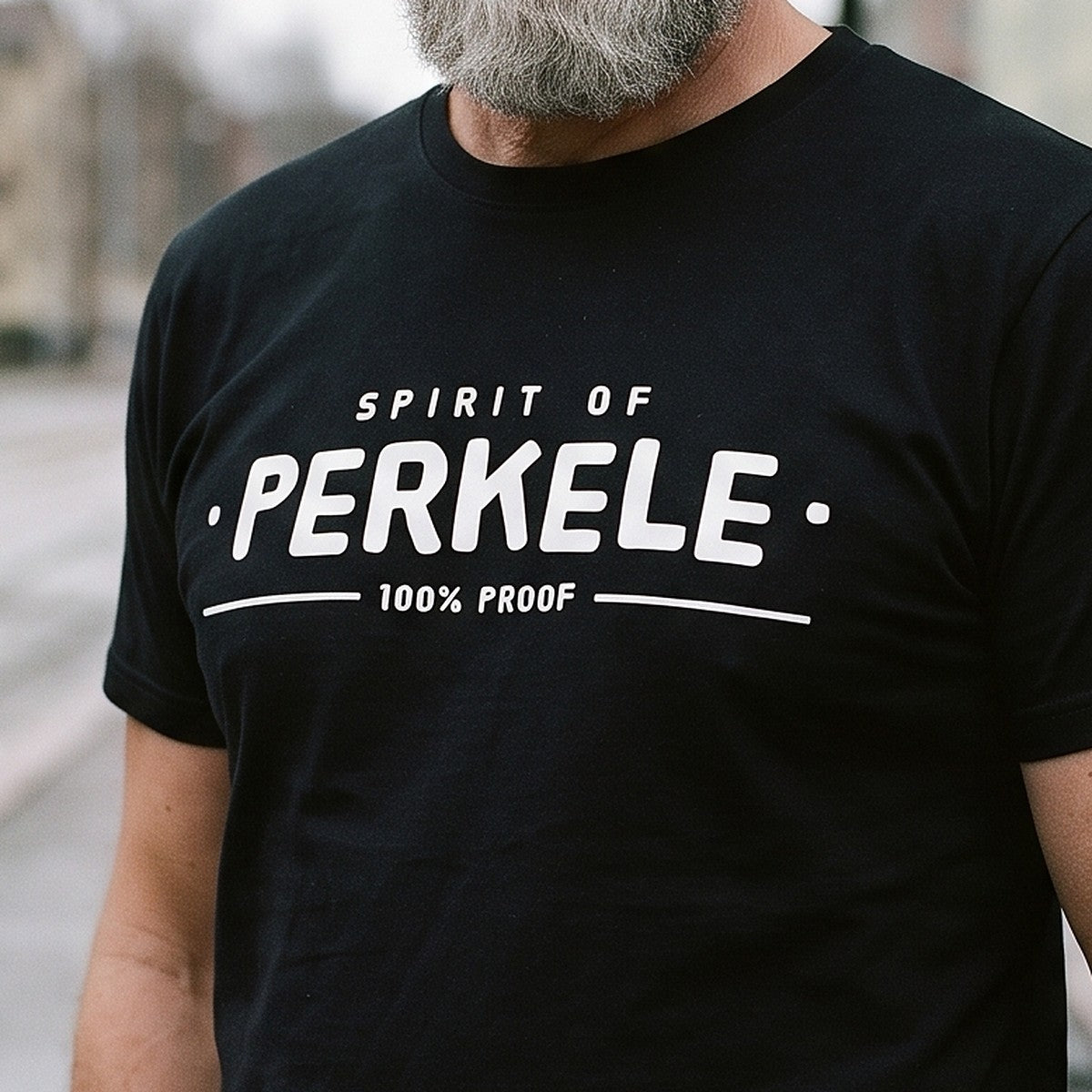 Close-up of the print on the black Spirit of Perkele t-shirt, Very Finnish Problems