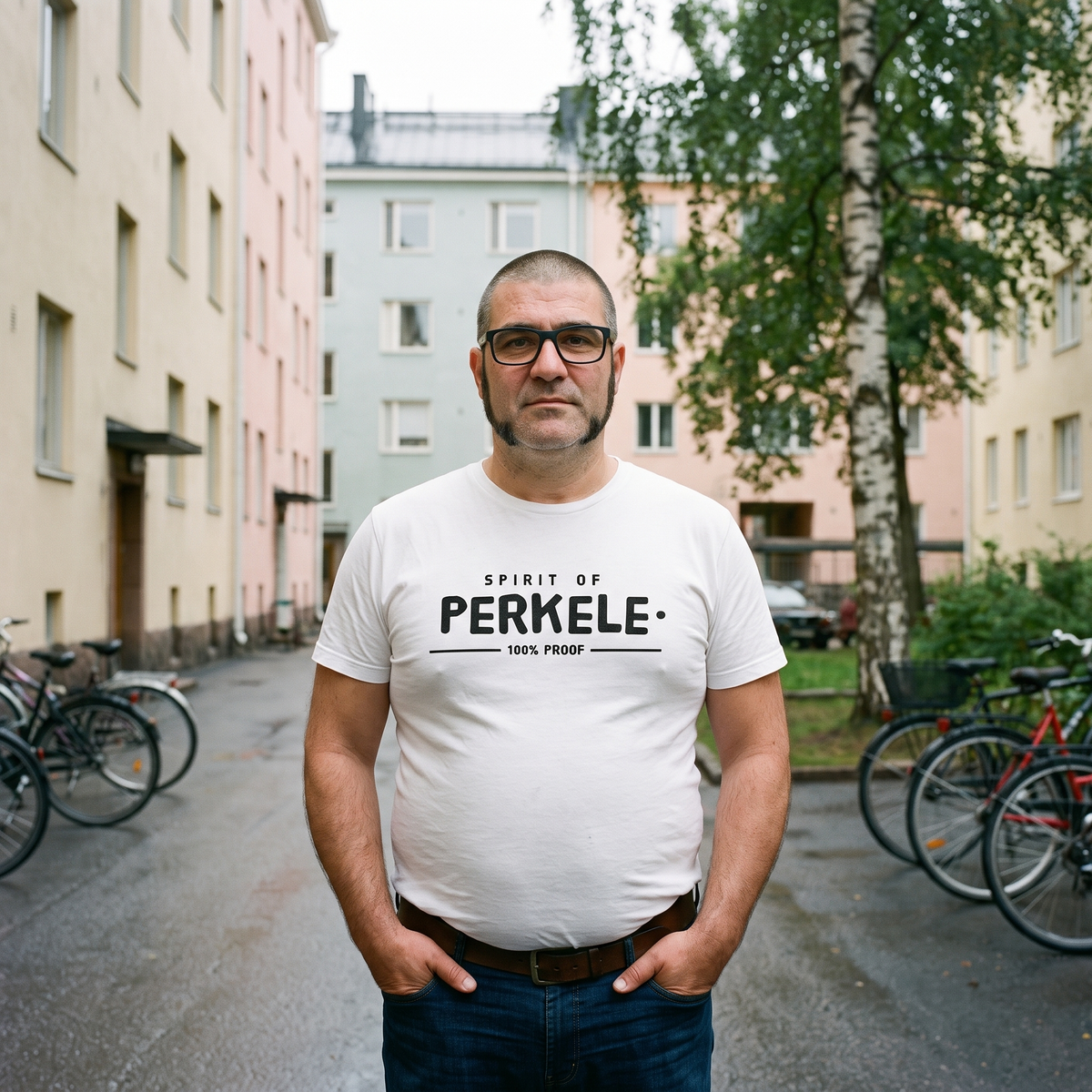 Spirit of Perkele t-shirt in white, worn by a man standing in a Helsinki courtyard, Very Finnish Problems