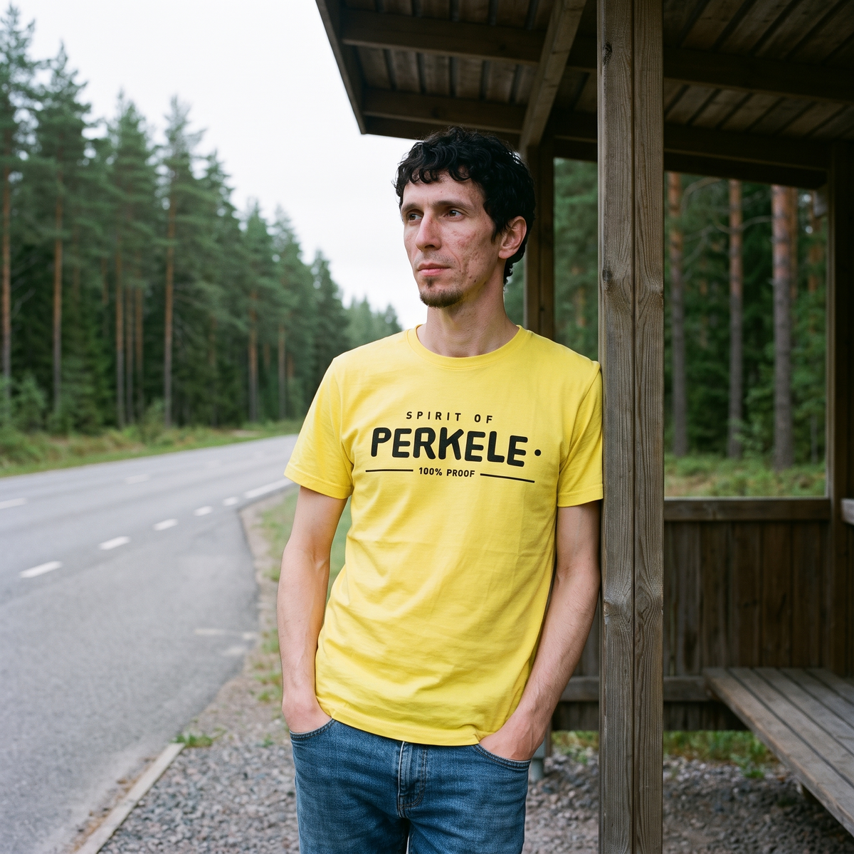 Spirit of Perkele t-shirt in yellow, worn by a man at a roadside bus shelter, Very Finnish Problems